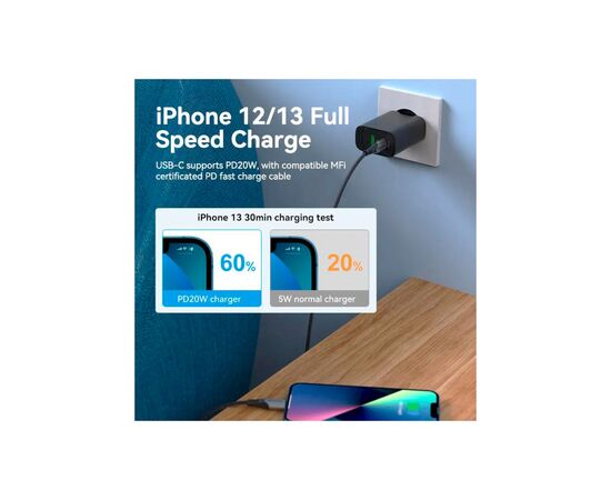 Зарядное устройство Vention 2xUSB 38W (USB-C+USB-A) PD+QC3.0 black (FBIB0-EU), изображение 4 Зарядное устройство Vention 2xUSB 38W (USB-C+USB-A) PD+QC3.0 black (FBIB0-EU), изображение 4