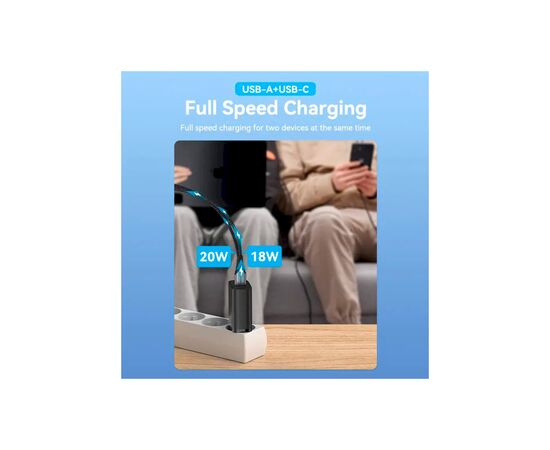 Зарядное устройство Vention 2xUSB 38W (USB-C+USB-A) PD+QC3.0 black (FBIB0-EU), изображение 6 Зарядное устройство Vention 2xUSB 38W (USB-C+USB-A) PD+QC3.0 black (FBIB0-EU), изображение 6