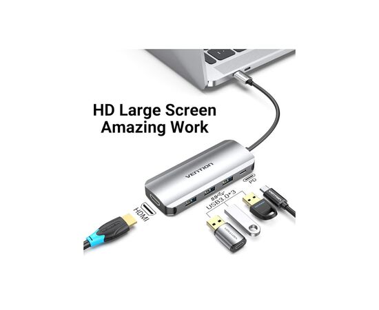 Концентратор Vention USB 3.1 Type-C to HDM/USB 3.0х3//PD 100W 5-in-1 (THFHB), изображение 3 Концентратор Vention USB 3.1 Type-C to HDM/USB 3.0х3//PD 100W 5-in-1 (THFHB), изображение 3