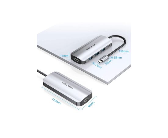 Концентратор Vention USB 3.1 Type-C to HDM/USB 3.0х3//PD 100W 5-in-1 (THFHB), изображение 4 Концентратор Vention USB 3.1 Type-C to HDM/USB 3.0х3//PD 100W 5-in-1 (THFHB), изображение 4