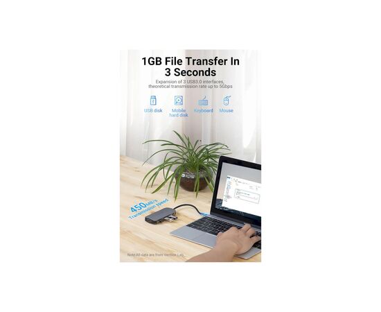 Концентратор Vention USB 3.1 Type-C to HDM/USB 3.0х3//PD 100W 5-in-1 (THFHB), изображение 9 Концентратор Vention USB 3.1 Type-C to HDM/USB 3.0х3//PD 100W 5-in-1 (THFHB), изображение 9