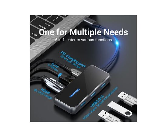 Концентратор Vention USB 3.1 Type-C to HDMI 4K60Hz/USB 3.0х3/RJ45/PD 87W 6-in-1 Mirrored Surface (TFFHB), изображение 3 Концентратор Vention USB 3.1 Type-C to HDMI 4K60Hz/USB 3.0х3/RJ45/PD 87W 6-in-1 Mirrored Surface (TFFHB), изображение 3