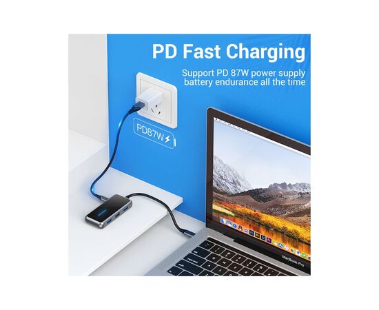Концентратор Vention USB 3.1 Type-C to HDMI 4K60Hz/USB 3.0х3/RJ45/PD 87W 6-in-1 Mirrored Surface (TFFHB), изображение 7 Концентратор Vention USB 3.1 Type-C to HDMI 4K60Hz/USB 3.0х3/RJ45/PD 87W 6-in-1 Mirrored Surface (TFFHB), изображение 7