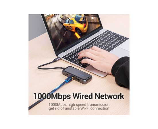 Концентратор Vention USB 3.1 Type-C to HDMI 4K60Hz/USB 3.0х3/RJ45/PD 87W 6-in-1 Mirrored Surface (TFFHB), изображение 8 Концентратор Vention USB 3.1 Type-C to HDMI 4K60Hz/USB 3.0х3/RJ45/PD 87W 6-in-1 Mirrored Surface (TFFHB), изображение 8