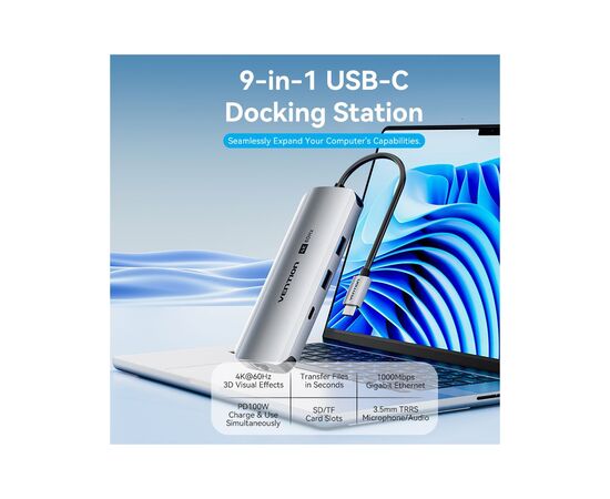 Концентратор Vention USB 3.1 Type-C to HDMI 4K60Hz/USB 3.0x2/RJ45/SD/TF/3.5mm/PD 100W Hub 9-in-1 (TQMHB), изображение 2 Концентратор Vention USB 3.1 Type-C to HDMI 4K60Hz/USB 3.0x2/RJ45/SD/TF/3.5mm/PD 100W Hub 9-in-1 (TQMHB), изображение 2
