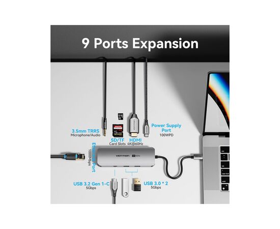 Концентратор Vention USB 3.1 Type-C to HDMI 4K60Hz/USB 3.0x2/RJ45/SD/TF/3.5mm/PD 100W Hub 9-in-1 (TQMHB), изображение 3 Концентратор Vention USB 3.1 Type-C to HDMI 4K60Hz/USB 3.0x2/RJ45/SD/TF/3.5mm/PD 100W Hub 9-in-1 (TQMHB), изображение 3
