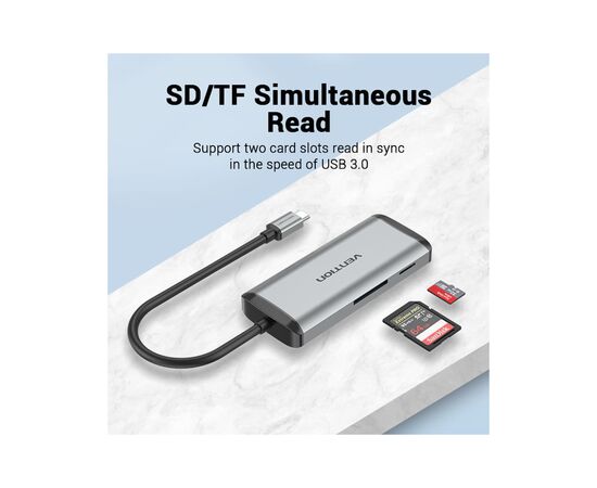Концентратор Vention USB 3.1 Type-C to 3хUSB 3.0/TF/SD/PD 87W 6-in-1 (TGRHB), изображение 7 Концентратор Vention USB 3.1 Type-C to 3хUSB 3.0/TF/SD/PD 87W 6-in-1 (TGRHB), изображение 7