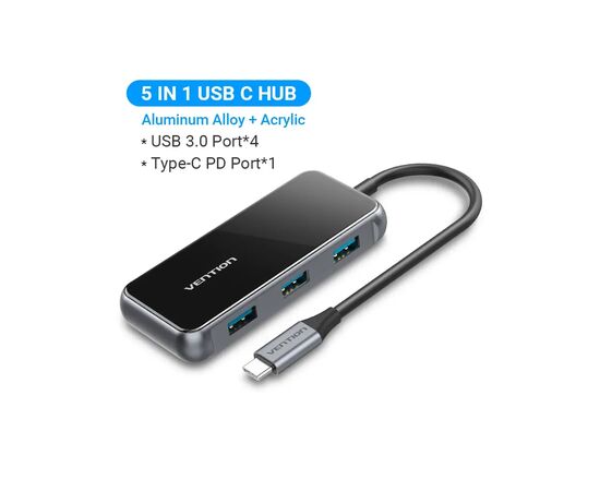 Концентратор Vention USB 3.1 Type-C to 4хUSB 3.0/PD 87W 5-in-1 Gray Mirrored Surface (TFDHB), изображение 2 Концентратор Vention USB 3.1 Type-C to 4хUSB 3.0/PD 87W 5-in-1 Gray Mirrored Surface (TFDHB), изображение 2