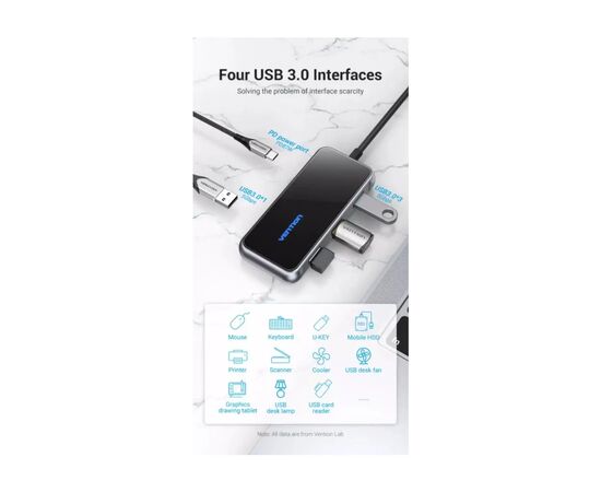 Концентратор Vention USB 3.1 Type-C to 4хUSB 3.0/PD 87W 5-in-1 Gray Mirrored Surface (TFDHB), изображение 3 Концентратор Vention USB 3.1 Type-C to 4хUSB 3.0/PD 87W 5-in-1 Gray Mirrored Surface (TFDHB), изображение 3