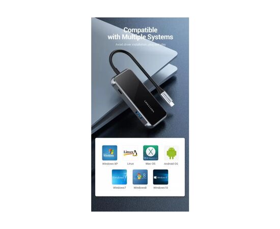 Концентратор Vention USB 3.1 Type-C to 4хUSB 3.0/PD 87W 5-in-1 Gray Mirrored Surface (TFDHB), изображение 4 Концентратор Vention USB 3.1 Type-C to 4хUSB 3.0/PD 87W 5-in-1 Gray Mirrored Surface (TFDHB), изображение 4