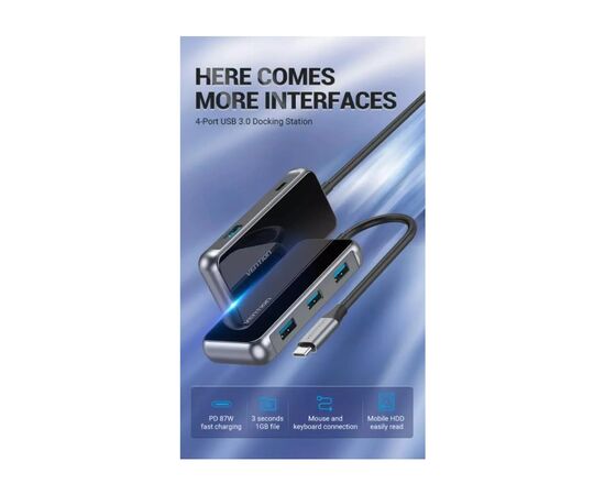 Концентратор Vention USB 3.1 Type-C to 4хUSB 3.0/PD 87W 5-in-1 Gray Mirrored Surface (TFDHB), изображение 6 Концентратор Vention USB 3.1 Type-C to 4хUSB 3.0/PD 87W 5-in-1 Gray Mirrored Surface (TFDHB), изображение 6