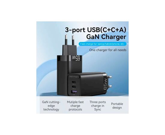 Зарядное устройство Vention 3xUSB 65W (2xUSB-C+USB-A) PD3.0+QC4.0 black (FEDB0-EU), изображение 2 Зарядное устройство Vention 3xUSB 65W (2xUSB-C+USB-A) PD3.0+QC4.0 black (FEDB0-EU), изображение 2