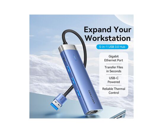 Концентратор Vention USB 3.0 to USB 3.0x3/RJ45/Type-C Hub Blue Aluminum Alloy 5-in-1 (TGFSB), изображение 2 Концентратор Vention USB 3.0 to USB 3.0x3/RJ45/Type-C Hub Blue Aluminum Alloy 5-in-1 (TGFSB), изображение 2