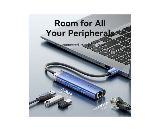 Концентратор Vention USB 3.0 to USB 3.0x3/RJ45/Type-C Hub Blue Aluminum Alloy 5-in-1 (TGFSB), изображение 4 Концентратор Vention USB 3.0 to USB 3.0x3/RJ45/Type-C Hub Blue Aluminum Alloy 5-in-1 (TGFSB), изображение 4