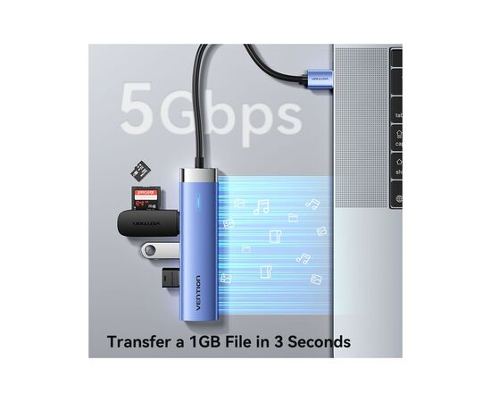 Концентратор Vention USB 3.0 to USB 3.0x3/RJ45/Type-C Hub Blue Aluminum Alloy 5-in-1 (TGFSB), изображение 5 Концентратор Vention USB 3.0 to USB 3.0x3/RJ45/Type-C Hub Blue Aluminum Alloy 5-in-1 (TGFSB), изображение 5