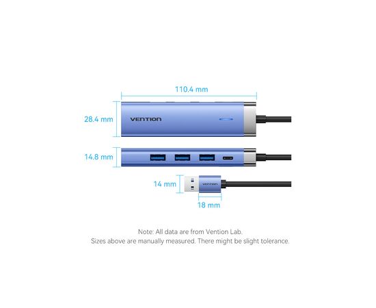 Концентратор Vention USB 3.0 to USB 3.0x3/RJ45/Type-C Hub Blue Aluminum Alloy 5-in-1 (TGFSB), изображение 9 Концентратор Vention USB 3.0 to USB 3.0x3/RJ45/Type-C Hub Blue Aluminum Alloy 5-in-1 (TGFSB), изображение 9
