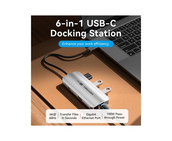 Концентратор Vention USB 3.1 Type-C to HDMI 4K60Hz/USB 3.0x3/RJ45/PD 100W 6-in-1 (TQHHB), изображение 2 Концентратор Vention USB 3.1 Type-C to HDMI 4K60Hz/USB 3.0x3/RJ45/PD 100W 6-in-1 (TQHHB), изображение 2