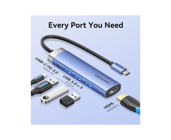 Концентратор Vention USB 3.1 Type-C to HDMI/USB 3.0x3/PD 100W Blue Aluminum Alloy Hub 5-in-1 (TGESB), изображение 4 Концентратор Vention USB 3.1 Type-C to HDMI/USB 3.0x3/PD 100W Blue Aluminum Alloy Hub 5-in-1 (TGESB), изображение 4