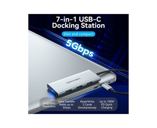 Концентратор Vention USB 3.1 Type-C to HDMI/USB 3.0x3/SD/TF/PD 100W 7-in-1 (TOPHB), изображение 2 Концентратор Vention USB 3.1 Type-C to HDMI/USB 3.0x3/SD/TF/PD 100W 7-in-1 (TOPHB), изображение 2