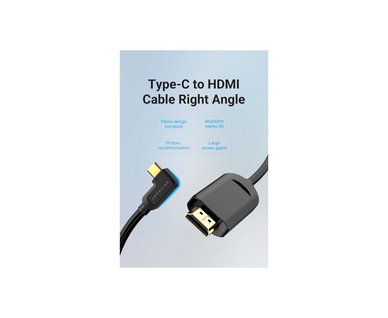 Кабель мультимедийный USB-C 3.1 to HDMI 1.5m 90° 4K 60 Гц PVC Black Vention (CGVBG), изображение 2 Кабель мультимедийный USB-C 3.1 to HDMI 1.5m 90° 4K 60 Гц PVC Black Vention (CGVBG), изображение 2