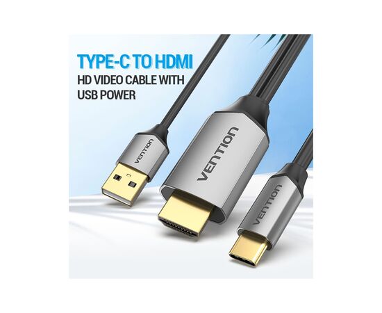 Кабель мультимедийный USB-C 3.1 to HDMI 1.5m v.2.0 4K 60Hz USB Power Supply black Vention (CGTBG), изображение 2 Кабель мультимедийный USB-C 3.1 to HDMI 1.5m v.2.0 4K 60Hz USB Power Supply black Vention (CGTBG), изображение 2