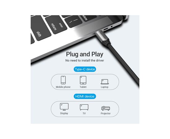 Кабель мультимедийный USB-C 3.1 to HDMI 1.5m v.2.0 4K 60Hz USB Power Supply black Vention (CGTBG), изображение 5 Кабель мультимедийный USB-C 3.1 to HDMI 1.5m v.2.0 4K 60Hz USB Power Supply black Vention (CGTBG), изображение 5