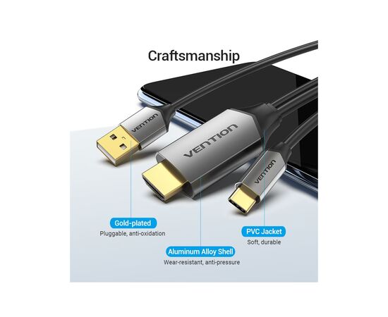 Кабель мультимедийный USB-C 3.1 to HDMI 1.5m v.2.0 4K 60Hz USB Power Supply black Vention (CGTBG), изображение 7 Кабель мультимедийный USB-C 3.1 to HDMI 1.5m v.2.0 4K 60Hz USB Power Supply black Vention (CGTBG), изображение 7