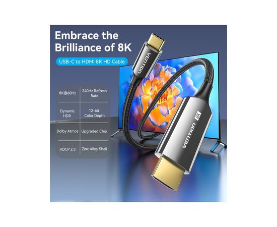Кабель мультимедийный USB-C 3.1 to HDMI 1.8m 8K 60 Гц Zinc Alloy TPE Black Vention (CRCBAC), изображение 2 Кабель мультимедийный USB-C 3.1 to HDMI 1.8m 8K 60 Гц Zinc Alloy TPE Black Vention (CRCBAC), изображение 2