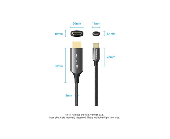 Кабель мультимедийный USB-C 3.1 to HDMI 1.8m 8K 60 Гц Zinc Alloy TPE Black Vention (CRCBAC), изображение 7 Кабель мультимедийный USB-C 3.1 to HDMI 1.8m 8K 60 Гц Zinc Alloy TPE Black Vention (CRCBAC), изображение 7