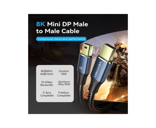 Кабель мультимедийный Mini DisplayPort to Mini DisplayPort 2.0m V1.4 8K 60Hz 32.4Gbps Blue Aluminum Alloy Vention (HCGLH), изображение 2 Кабель мультимедийный Mini DisplayPort to Mini DisplayPort 2.0m V1.4 8K 60Hz 32.4Gbps Blue Aluminum Alloy Vention (HCGLH), изображение 2