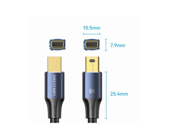 Кабель мультимедийный Mini DisplayPort to Mini DisplayPort 2.0m V1.4 8K 60Hz 32.4Gbps Blue Aluminum Alloy Vention (HCGLH), изображение 9 Кабель мультимедийный Mini DisplayPort to Mini DisplayPort 2.0m V1.4 8K 60Hz 32.4Gbps Blue Aluminum Alloy Vention (HCGLH), изображение 9