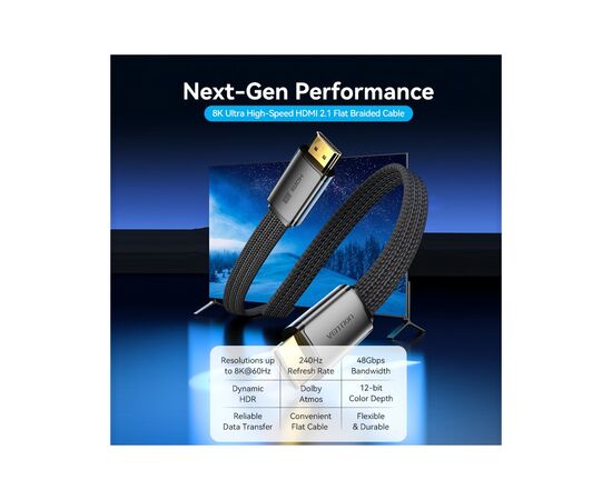 Кабель мультимедийный HDMI to HDMI 2.0m V2.1 8K 60Hz flat Vention (ALKBH), изображение 4 Кабель мультимедийный HDMI to HDMI 2.0m V2.1 8K 60Hz flat Vention (ALKBH), изображение 4