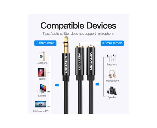 Кабель мультимедийный Jack 3.5mm M to 2X 3.5mm F Stereo Splitter Vention (BBSBY), изображение 6 Кабель мультимедийный Jack 3.5mm M to 2X 3.5mm F Stereo Splitter Vention (BBSBY), изображение 6
