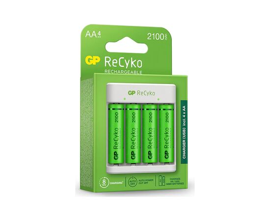 Зарядное устройство для аккумуляторов Gp ReCyko 4-Slot E411 USB Charger (w/ 4's 2100mAh AA Batteries) (GPE411 210AAHCN-2B4), изображение 2 Зарядное устройство для аккумуляторов Gp ReCyko 4-Slot E411 USB Charger (w/ 4's 2100mAh AA Batteries) (GPE411 210AAHCN-2B4), изображение 2