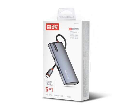 Порт-репликатор ColorWay Docking Station USB-C 5-в-1 Type C PD 100W/USB3.0х3/HDMI 4К (CW-HUB01), изображение 9 Порт-репликатор ColorWay Docking Station USB-C 5-в-1 Type C PD 100W/USB3.0х3/HDMI 4К (CW-HUB01), изображение 9