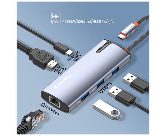 Порт-репликатор ColorWay Docking Station USB-C 6-в-1 Type C PD 100W/USB3.0х3/HDMI 4К/RJ45 (CW-HUB02), изображение 10 Порт-репликатор ColorWay Docking Station USB-C 6-в-1 Type C PD 100W/USB3.0х3/HDMI 4К/RJ45 (CW-HUB02), изображение 10