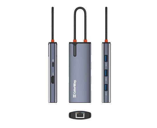 Порт-репликатор ColorWay Docking Station USB-C 6-в-1 Type C PD 100W/USB3.0х3/HDMI 4К/RJ45 (CW-HUB02), изображение 6 Порт-репликатор ColorWay Docking Station USB-C 6-в-1 Type C PD 100W/USB3.0х3/HDMI 4К/RJ45 (CW-HUB02), изображение 6