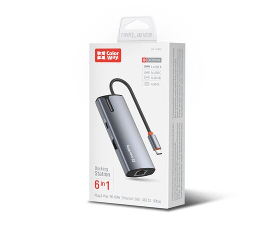 Порт-репликатор ColorWay Docking Station USB-C 6-в-1 Type C PD 100W/USB3.0х3/HDMI 4К/RJ45 (CW-HUB02), изображение 9 Порт-репликатор ColorWay Docking Station USB-C 6-в-1 Type C PD 100W/USB3.0х3/HDMI 4К/RJ45 (CW-HUB02), изображение 9