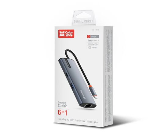 Порт-репликатор ColorWay Docking Station USB-C 6-в-1 Type C PD 100W/USB3.0х3/USB2.0/RJ45 (CW-HUB03), изображение 12 Порт-репликатор ColorWay Docking Station USB-C 6-в-1 Type C PD 100W/USB3.0х3/USB2.0/RJ45 (CW-HUB03), изображение 12