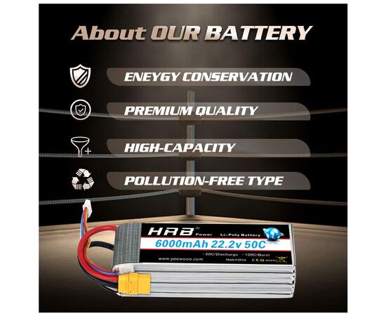Аккумулятор для дрона HRB_ Lipo 6s 22.2V 6000mAh 50C Battery XT60 Plug (HR-6000MAH-6S-50C-XT60), изображение 3 Аккумулятор для дрона HRB_ Lipo 6s 22.2V 6000mAh 50C Battery XT60 Plug (HR-6000MAH-6S-50C-XT60), изображение 3