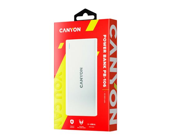 Батарея универсальная Canyon PB-106 10000mAh Input 5V/2A, Output 5V/2.1A(Max) (CNE-CPB1006W), изображение 5 Батарея универсальная Canyon PB-106 10000mAh Input 5V/2A, Output 5V/2.1A(Max) (CNE-CPB1006W), изображение 5