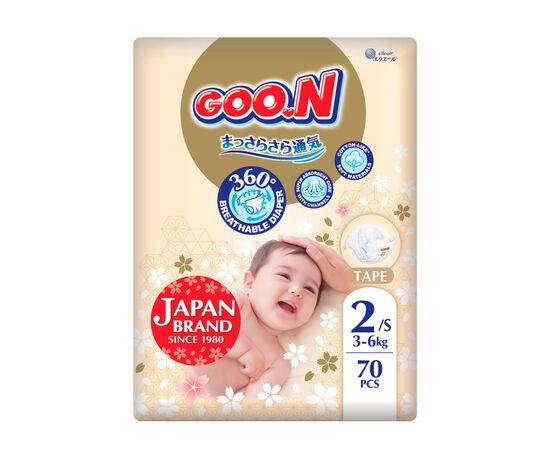 Підгузки GOO.N Premium Soft 3-6 кг Розмір 2 S на липучках 70 шт (F1010101-153)