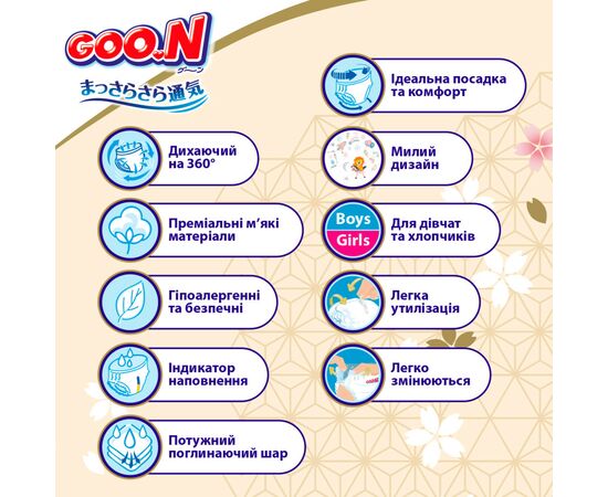 Подгузники GOO.N Premium Soft Трусики 9-14 кг Размер 4 L 44 шт (F1010101-157), изображение 6 Подгузники GOO.N Premium Soft Трусики 9-14 кг Размер 4 L 44 шт (F1010101-157), изображение 6