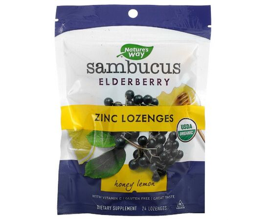Травы Nature's Way Леденцы бузины с цинком, вкус меда и лимона, Sambucus, Zinc (NWY-12089)