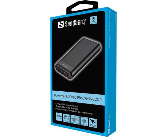 Батарея универсальная Sandberg 20000mAh, PD/65W, QC/3.0, Always-ON-Mode, +cable 100W (420-62), изображение 4 Батарея универсальная Sandberg 20000mAh, PD/65W, QC/3.0, Always-ON-Mode, +cable 100W (420-62), изображение 4