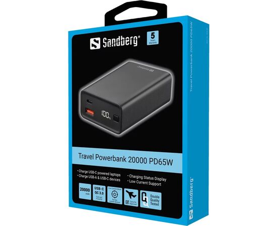 Батарея универсальная Sandberg 20000mAh, PD/65W, QC/3.0, low carrent mode, +cable 100W (420-95), изображение 3 Батарея универсальная Sandberg 20000mAh, PD/65W, QC/3.0, low carrent mode, +cable 100W (420-95), изображение 3
