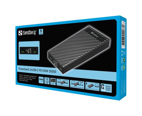 Батарея универсальная Sandberg 30000mAh, PD/100W, QC/3.0, UPS mode, +2*cable 100W (420-87), изображение 4 Батарея универсальная Sandberg 30000mAh, PD/100W, QC/3.0, UPS mode, +2*cable 100W (420-87), изображение 4