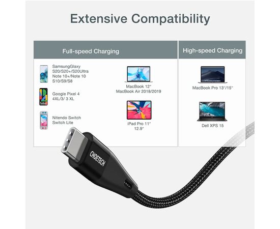 Дата кабель USB-C to USB-C 1.2m USB4.Gen 3 40 Gbps 240W Choetech (XCC-1040), изображение 5 Дата кабель USB-C to USB-C 1.2m USB4.Gen 3 40 Gbps 240W Choetech (XCC-1040), изображение 5