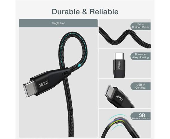 Дата кабель USB-C to USB-C 1.2m USB4.Gen 3 40 Gbps 240W Choetech (XCC-1040), изображение 7 Дата кабель USB-C to USB-C 1.2m USB4.Gen 3 40 Gbps 240W Choetech (XCC-1040), изображение 7