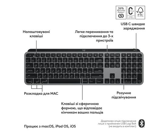 Клавиатура Logitech MX Keys S для MAC Bluetooth/Wireless UA Space Grey (920-011637), изображение 3 Клавиатура Logitech MX Keys S для MAC Bluetooth/Wireless UA Space Grey (920-011637), изображение 3